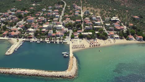 Aerial-cable-cam-shot-of-Skala-Sotiros-resort-on-Thassos-island,-Greece