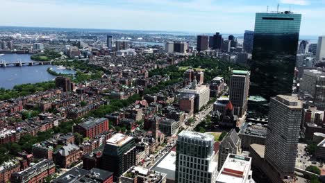 Boston-panoramic-view-over-John-Hancock-Tower,-Back-Bay,-Boston-Public-Garden,-Boston-Common-and-Charles-River