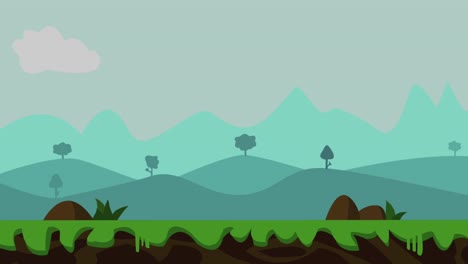 Animation-of-a-cartoon-flat-style-mountain-landscape-with-clouds-moving-in-the-wind,-grass-and-stones-popping-up