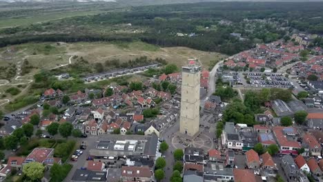 Aerial-view-of-the-Brandaris-lighthouse-in-West-Terschelling,-The-Netherlands,-Europe
