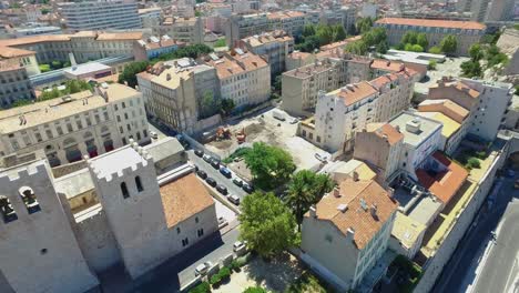 Aerial-of-France,-Cote-d'azur,-Menton,-old-city-houses-and-sea-in-French-riviera