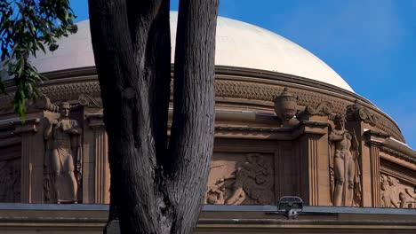 Statues-and-carvings-on-the-Palace-of-Fine-Arts-dome-behind-a-wind-blown-tree-in-San-Francisco