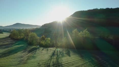 Kleiner-Fluss-Mit-Bäumen-Bedeckt-Luftaufnahme-Neben-Autospur-Und-Grünen-Feldern-Während-Der-Morgenstunden-In-Der-Schweiz