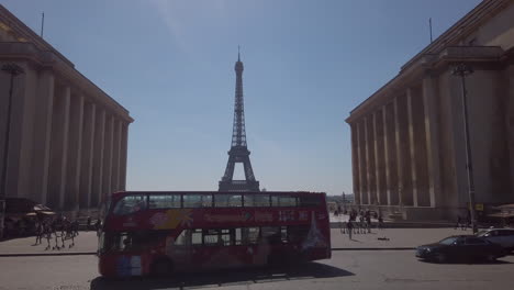 Sightseeing-Tour-Bus-near-Trocadero-place-With-Parisian-Skyline-Behind