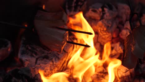 Fat-dripping-on-campfire-from-a-bacon-on-a-rotating-fork-skewer-at-a-barbecue---180-fps-slow-motion