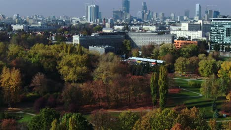 vivid-urban-park-near-Warsaw's-city-centre-with-Spire,-Rondo,-Palace-of-Science-and-Culture-and-Old-Town
