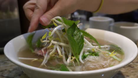 Jemand,-Der-Blätter-Auf-Eine-Vietnamesische-Suppe-Legte