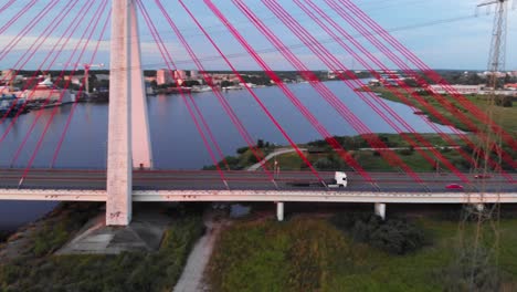 Aerial-pan-shot-of-Cable-Stayed-Bridge-On-Motława-River-In-Gdansk,-Poland