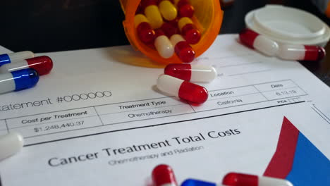 Expensive-cancer-treatment-pills-falling-in-slow-motion-on-a-prop-medical-patient-insurance-form-showing-high-cost-of-treatment