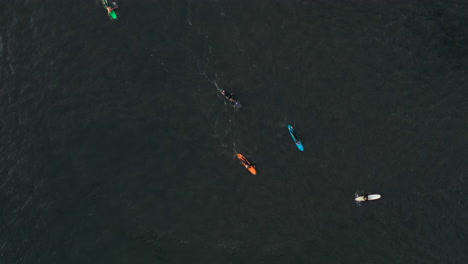 drone-camera-hovers-as-the-surfers-below-wait-for-the-perfect-wave-to-come---dark-green-Atlantic-Ocean-water-surrounds-them