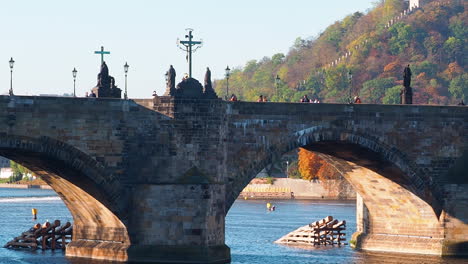Close-up-of-old-stone-bridge-over-Vltava-River-in-Prague-Czech-Republic