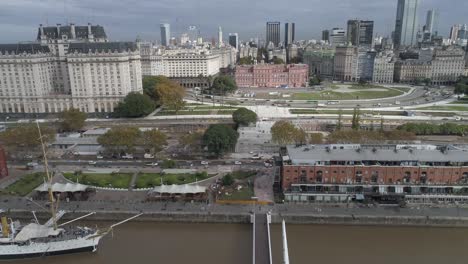 Aerial-view-of-the-city-of-Buenos-Aires,-Puerto-Madero,-pink-house,-background-buildings