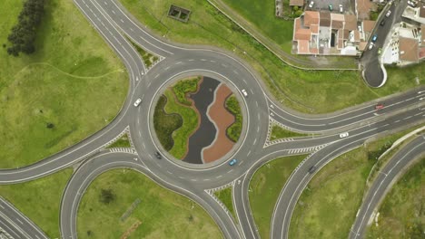 Town-down-aerial-view-of-the-Ponta-Delgada-roundabout,-Azores