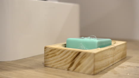 Taking-green-soap-from-beautiful-wooden-pedestal-and-putting-it-back-wet