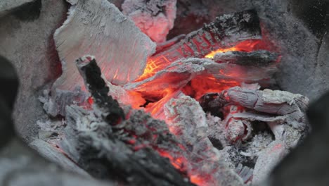 Static-shot-of-bonfire-embers-slowly-burning-out-the-charcoal,-close-up-shot