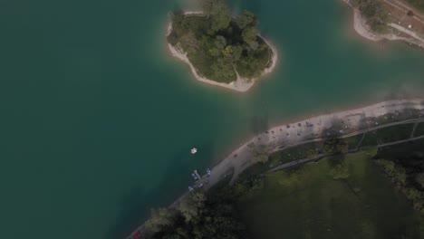 Aerial-"bird-eye"-view:-drone-shot-on-Tenno-lake,-Trentino,-North-Italy