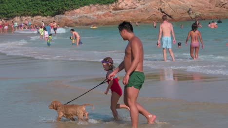 People-enjoy-the-afternoon-at-the-Repulse-Bay-beach-with-their-dog-pets-in-Hong-Kong-as-public-beaches-reopening,-after-months-of-closure-amid-coronavirus-outbreak,-to-the-public