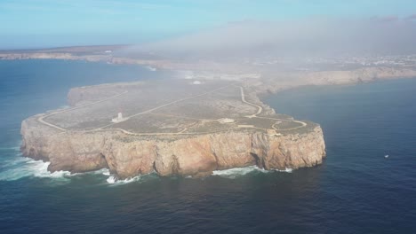 Cape-Sagres-Fortress-in-the-southwest-of-Portugal-on-top-of-the-peninsula,-Aerial-high-left-pan