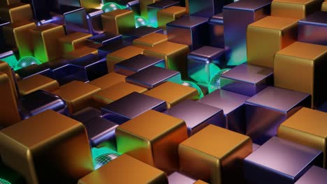 Slow-motion-graphics-sci-fi:-futuristic-opaque-gold-and-purple-rectangular-boxes-and-silver-round-checkered-balls-jumping-up-and-down-in-wave-designs