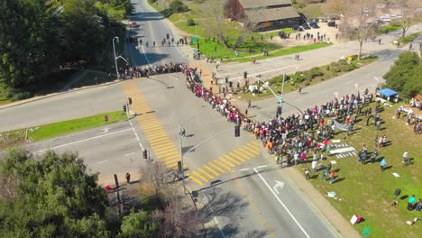 Aerial-Jib-Up-of-UCSC-COLA-Strikers-Linking-Arms-Across-UCSC-Main-Entrance