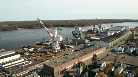 Aerial-shot-of-large-shipyard,-General-Dynamics-Bath-Iron-Works,-Maine