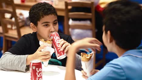 Two-Arab-Boys-Eating-Fast-Food-Meal-With-Softdrinks-In-Cans---medium-shot