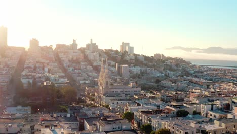 Aerial:-Downtown-San-Francisco-and-church,-drone-view