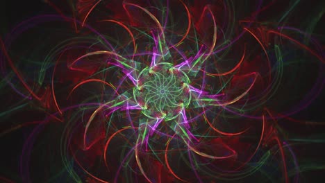 Abstraktes-Mystisches-Mandala-Mit-Endlosen-Schleifen-Regenbogenfarbener-Heiliger-Linien-Und-Lotusblütenähnlichen-Blütenblattmustern