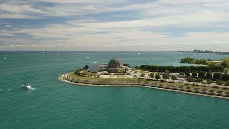 Aerial-View-of-Adler-Planetarium-on-Summer-Afternoon-in-Chicago,-Illinois