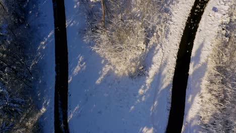 Aerial-look-up-shot-from-a-snowy-tight-curve-up-to-a-beautiful-blue-skyed-winter-landscape
