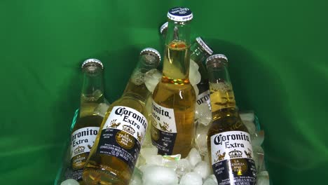 3-3-Erfrischende-6er-Packung-Coronita-Extra-200-Ml-Kleine-Glasflaschen-Bier,-Blick-In-Einen-Mit-Eis-Gefüllten-Eimer-Vor-Einem-Grünen-Bildschirm-Mit-Einer-Rotierenden-Mittelflasche,-Die-Das-Lagerbier-Mit-Kronkorken-Zeigt