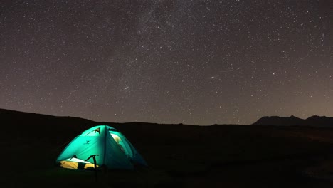 Lovely-Sexy-Couple-in-Blue-Camp-with-Blue-Tent-in-Azerbaijan-Ardabil-Highlands-Glassy-Crystal-Night-Sky-full-of-Stars-and-constellation-and-meteor-in-Milky-Way