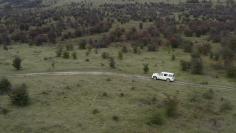 Weißer-Jeep-Fährt-Auf-Einer-Landstraße-In-Einem-Buschigen-Feld,-Tschechien,-Luftaufnahme