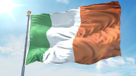 4k-3D-Darstellung-Der-Wehenden-Flagge-An-Einem-Mast-Des-Landes-Irland