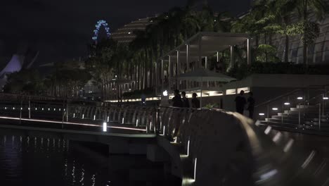 View-of-people-walking-along-Marina-Bay-Sands-Boardwalk-at-night-with-the-Singapore-flyer-as-the-background
