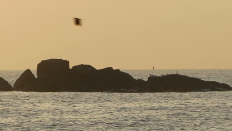 Touristenausflugsboote-Mit-Einem-Fischerjungen,-Der-Bei-Sonnenuntergang-In-Der-Silhouette-Auftaucht,-Herauszoomen,-Canacona,-Goa,-Indien