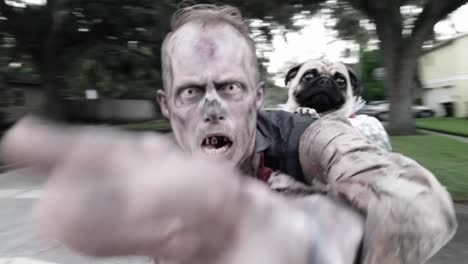 Als-Zombie-Verkleideter-Mann-Mit-Kleinem-Hund,-Im-Hintergrund-Vorbeifahrende-Fahrradfahrer