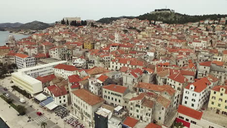 Drone-view,-Croatia,-city-of-Sibenik,-panoramic-view-of-the-old-town-center
