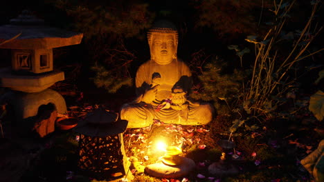 Una-Estatua-De-Buda,-Lámparas-E-Incienso-Se-Ven-En-Movimiento-De-Lapso-De-Tiempo-Con-Combinación-De-Marcos