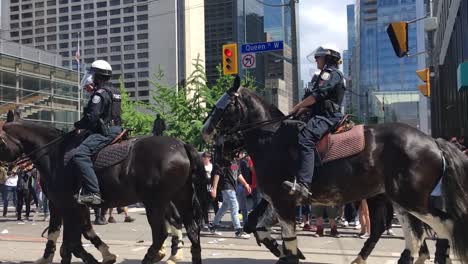 Toronto-Police-Mounted-Services-Unit-pass-by-on-horseback,-Toronto