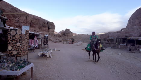Child-Walks-on-a-Road-While-Rider-Rides-on-a-Mule-Past-Seller-Tents-in-Ancient-City-of-Petra