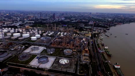 Industrial-concept,-aerial-view-above-the-oil-refinery---petroleum-refinery-industrial-processing-plant-and-petroleum-products-storage-plants