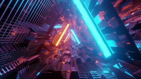 Computerized-motion-graphics-of-immersing-into-futuristic-triangle-shape-colorful-space-tunnel
