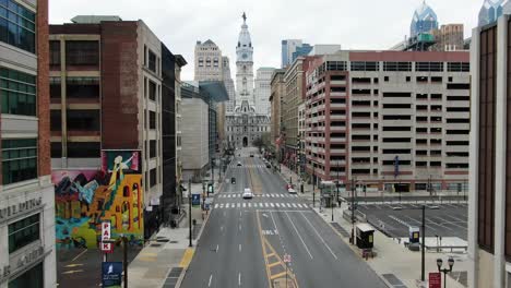 Broad-Street-in-Philadelphia-City-Hall-aerial-footage,-covid-quarantine-shutdown-shelter-in-place,-coronavirus-stay-at-home-order,-no-people-or-traffic,-empty,-deserted-scene