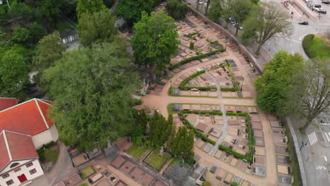 Aerial-view-over-graveyard-located-in-Lunden,-close-to-Orgryte-in-Gothenburg,-Sweden
