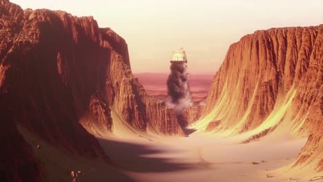 Raumschiff-Verlässt-Die-Oberfläche-Des-Mars,-Des-Roten-Planeten