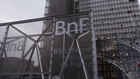 French-National-Library-entrance-sign-and-title-with-slow-cinematic-movement-during-overcast-day