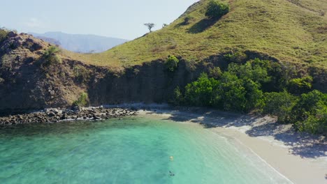 Aerial-view-of-Pink-Beach-and-Coral-lined-waters-of-Komodo-National-Park,-Flores,-Indonesia