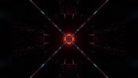 Immersing-into-square-shape-tunnel-with-glowing-neon-orange-and-cyan-squares-emitting-from-center