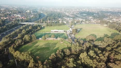 Aerial-drone-footage-flying-towards-Elgar-Park-field-hockey-ground
